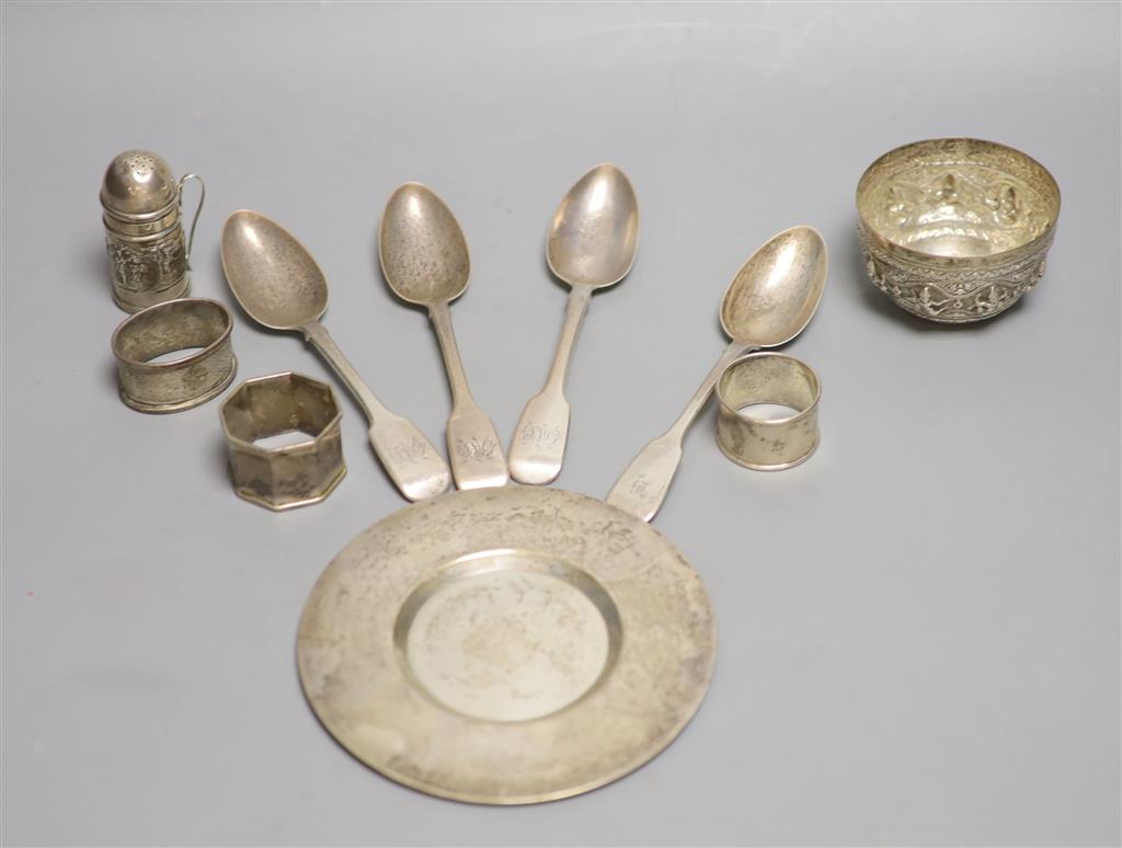Four assorted 19th century silver fiddle pattern dessert spoons, etc.